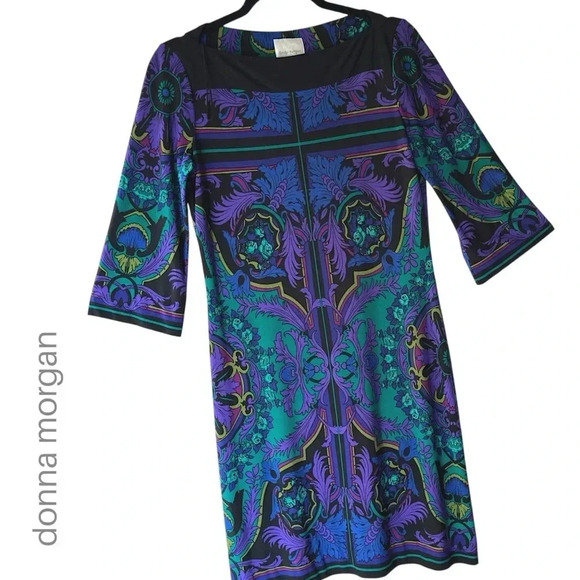 DONNA MORGAN NWOT 3/4 SLEEVE GEOMETRIC PRINT DRESS BLACK AQUA PURPLE | SIZE: 6 - Picture 1 of 8